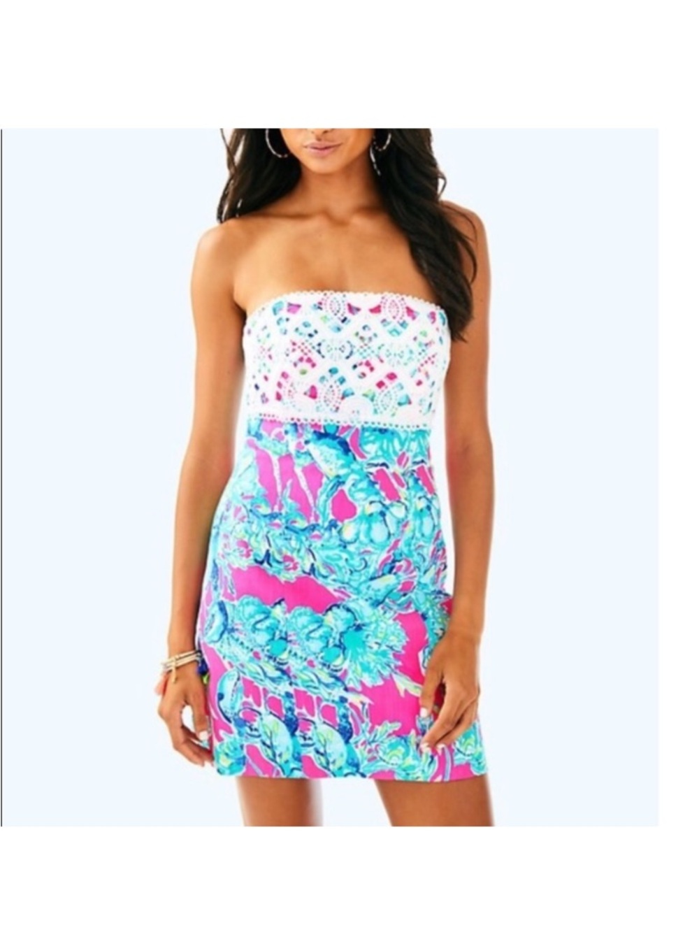 LILLY PULITZER Brynn Strapless Dress Sz 00 Lobsters in Love Razz Lace Shift
